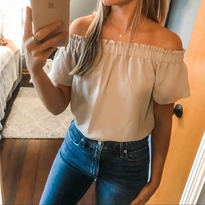 Tan Off-the-shoulder Flowy Shirt
